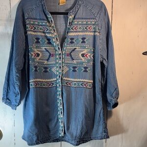 Scully XL Blue Embroidered Denim button down Top